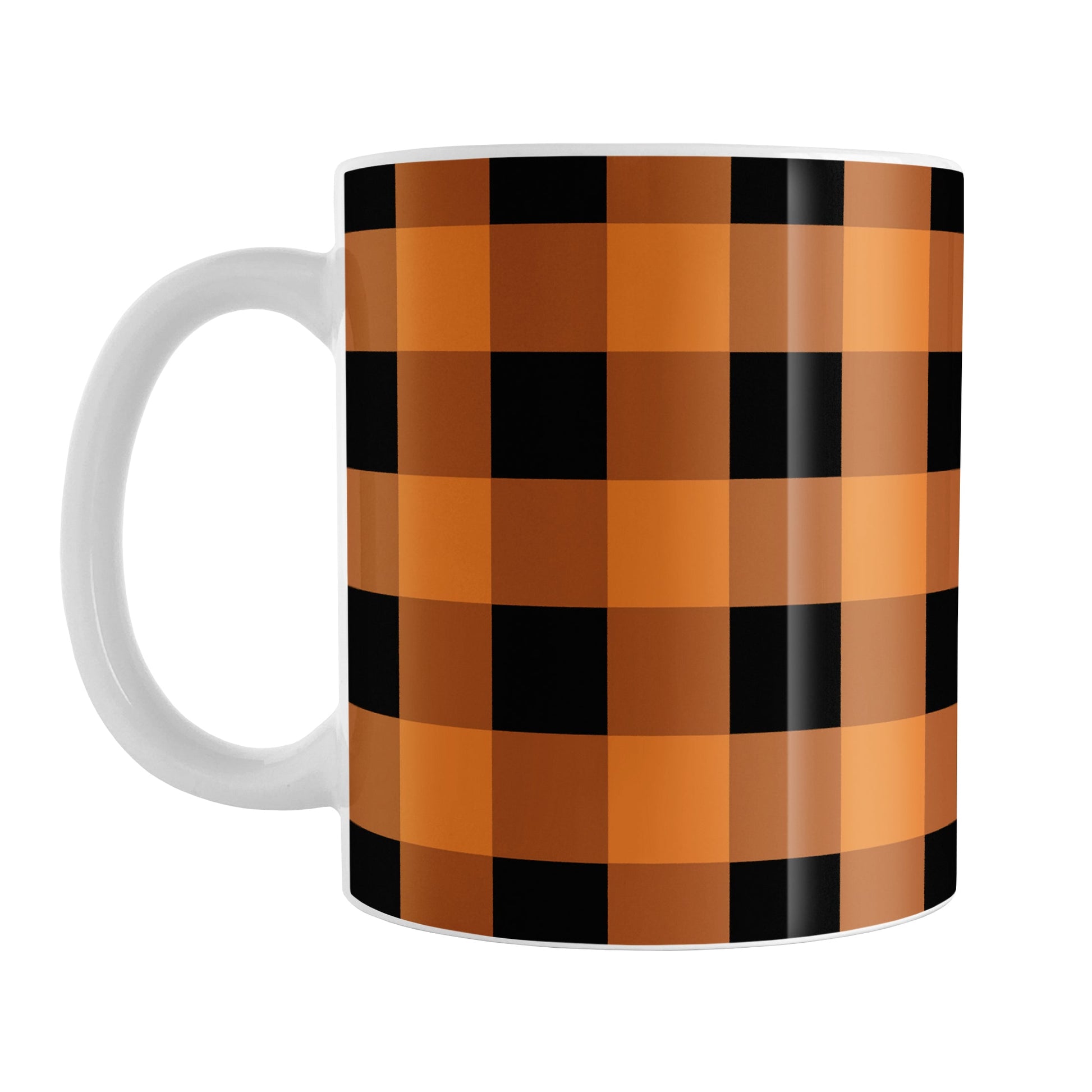Orange and Black Buffalo Plaid Mug (11oz) at Amy's Coffee Mugs. A ceramic coffee mug designed with a black and orange buffalo plaid (buffalo check) pattern that wraps around the mug up to the handle.