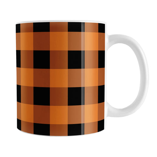 Orange and Black Buffalo Plaid Mug (11oz) at Amy's Coffee Mugs. A ceramic coffee mug designed with a black and orange buffalo plaid (buffalo check) pattern that wraps around the mug up to the handle.