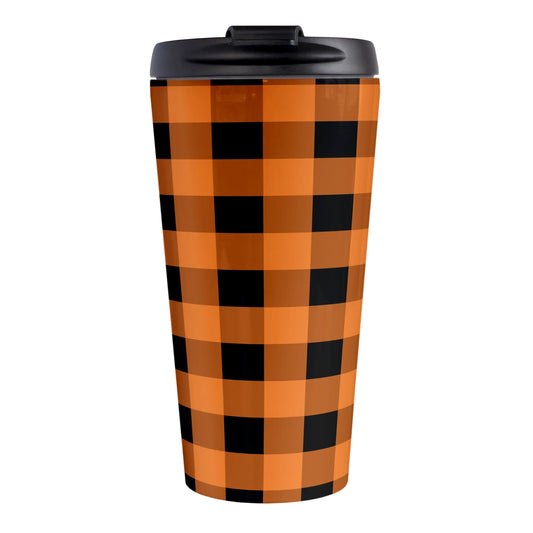 Orange and Black Buffalo Plaid Travel Mug (15oz, stainless steel insulated) at Amy's Coffee Mugs. A travel mug designed with a black and orange buffalo plaid (buffalo check) pattern that wraps around the mug.