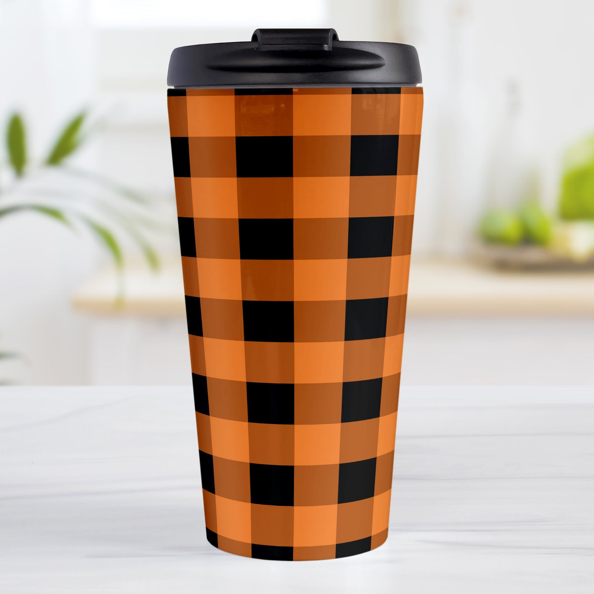 Orange and Black Buffalo Plaid Travel Mug (15oz, stainless steel insulated) at Amy's Coffee Mugs. A travel mug designed with a black and orange buffalo plaid (buffalo check) pattern that wraps around the mug.