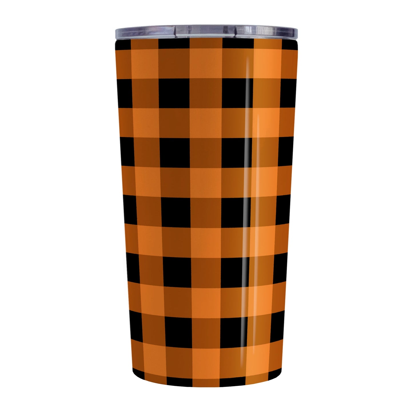 Orange and Black Buffalo Plaid Tumbler Cup (20oz, stainless steel insulated) at Amy's Coffee Mugs. A tumbler cup designed with a black and orange buffalo plaid (buffalo check) pattern that wraps around the cup.