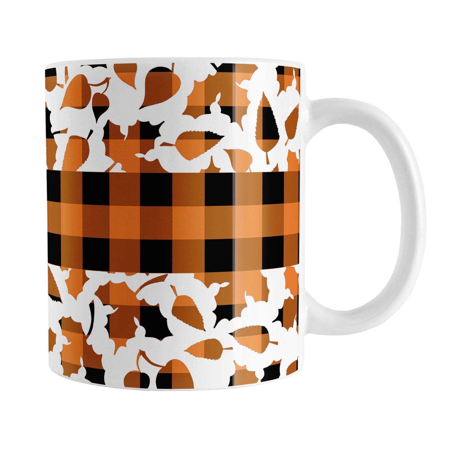 Orange Buffalo Plaid Leaves Fall Mug (11oz) at Amy's Coffee Mugs. A ceramic coffee mug designed with a pattern of leaves with an orange and black buffalo plaid pattern and a buffalo plaid stripe across the center over the leaves. This design wraps around the mug to the handle.