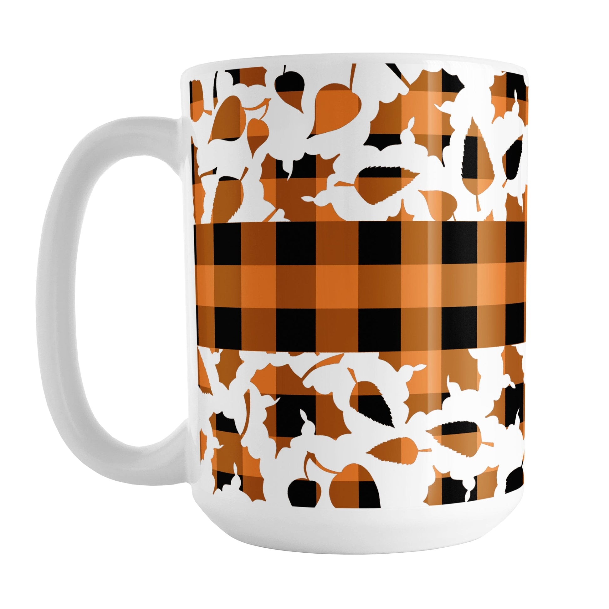 Orange Buffalo Plaid Leaves Fall Mug (15oz) at Amy's Coffee Mugs. A ceramic coffee mug designed with a pattern of leaves with an orange and black buffalo plaid pattern and a buffalo plaid stripe across the center over the leaves. This design wraps around the mug to the handle.