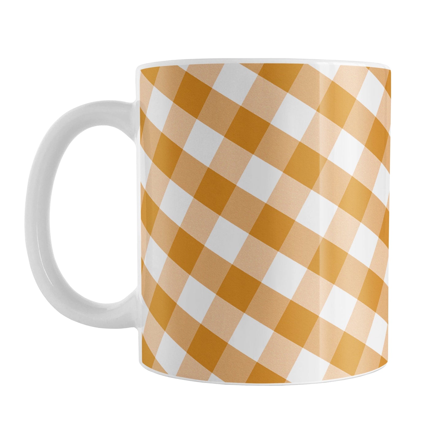 Orange Gingham Mug (11oz) at Amy's Coffee Mugs. A ceramic coffee mug designed with a slanted white and orange gingham pattern that wraps around the mug up to the handle.