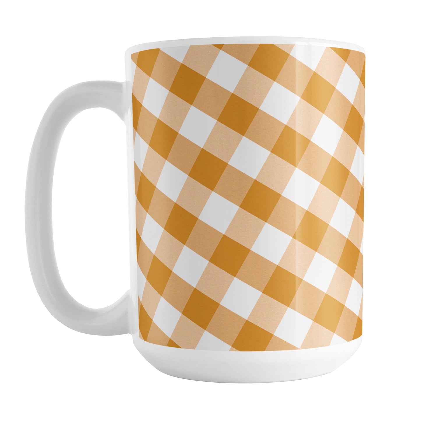 Orange Gingham Mug (15oz) at Amy's Coffee Mugs. A ceramic coffee mug designed with a slanted white and orange gingham pattern that wraps around the mug up to the handle.