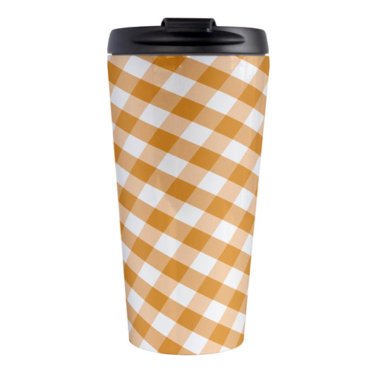 Orange Gingham Travel Mug (15oz, stainless steel insulated) at Amy's Coffee Mugs. A travel mug designed with a slanted orange and white gingham pattern that wraps around the travel mug.