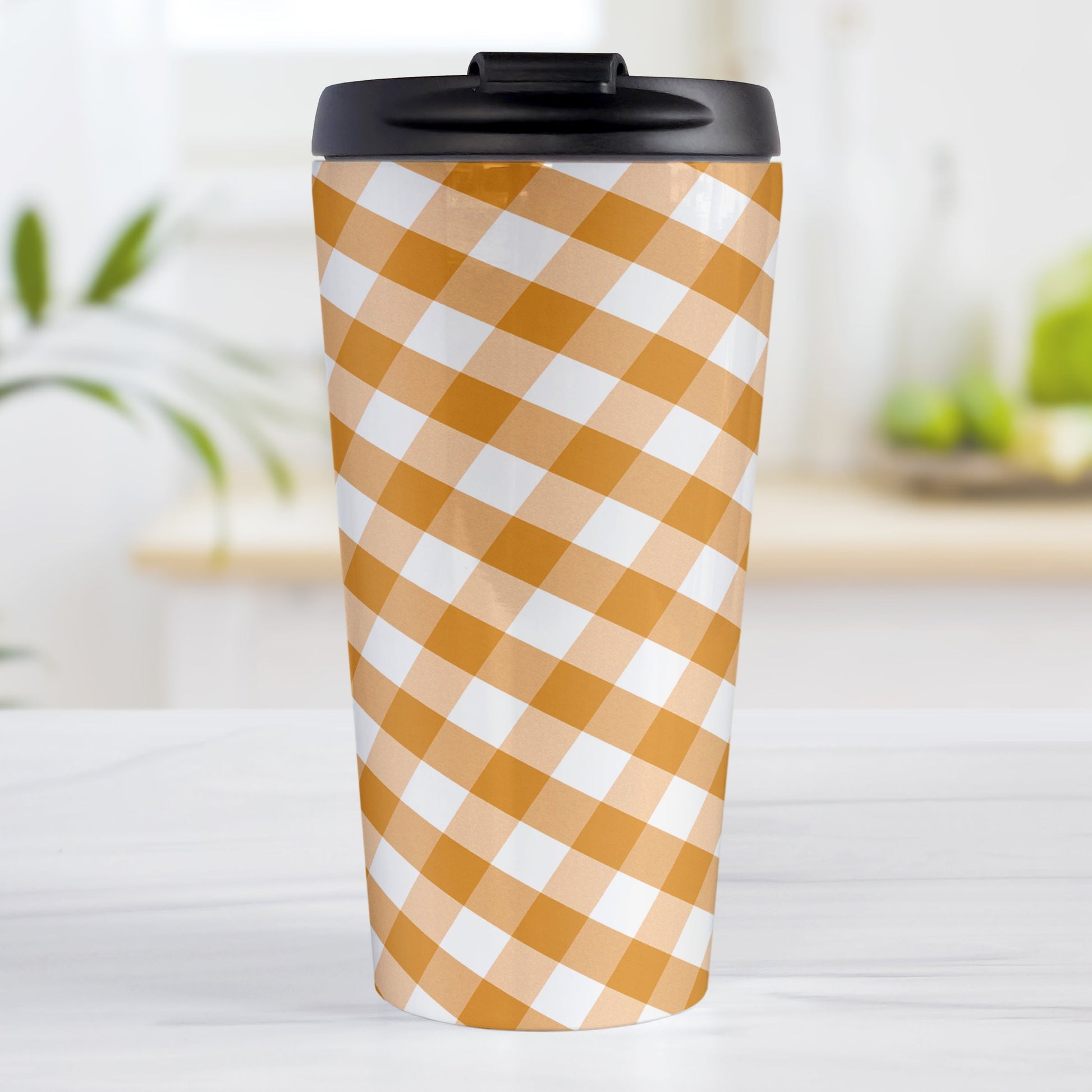 Orange Gingham Travel Mug (15oz, stainless steel insulated) at Amy's Coffee Mugs. A travel mug designed with a slanted orange and white gingham pattern that wraps around the travel mug.
