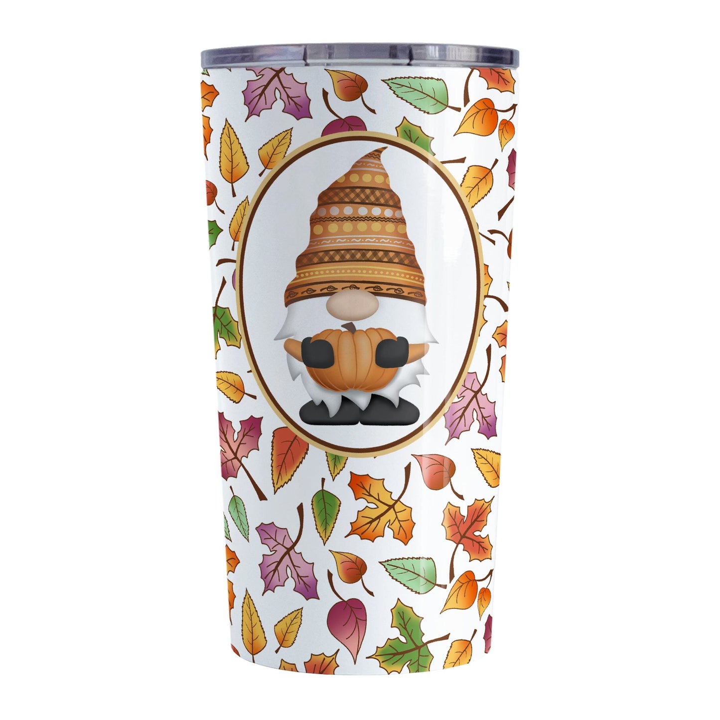 Orange Gnome Fall Leaves Tumbler Cup (20oz) at Amy's Coffee Mugs. A stainless steel tumbler cup designed with an adorable orange hat gnome holding an orange pumpkin in a white oval over a pattern of leaves in different fall colors that wrap around the cup.