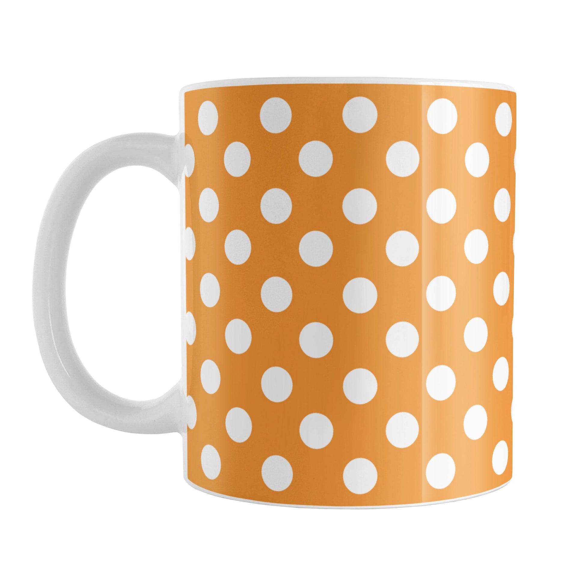 Orange Polka Dot Mug (11oz) at Amy's Coffee Mugs. A ceramic coffee mug designed with a pattern of white polka dots over an orange background color that wraps around the mug up to the handle.