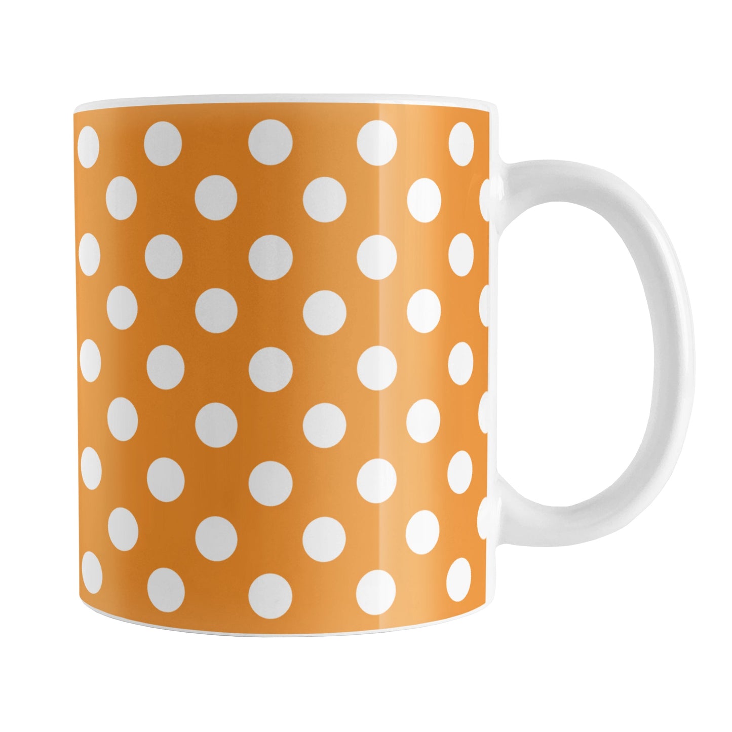 Orange Polka Dot Mug (11oz) at Amy's Coffee Mugs. A ceramic coffee mug designed with a pattern of white polka dots over an orange background color that wraps around the mug up to the handle.