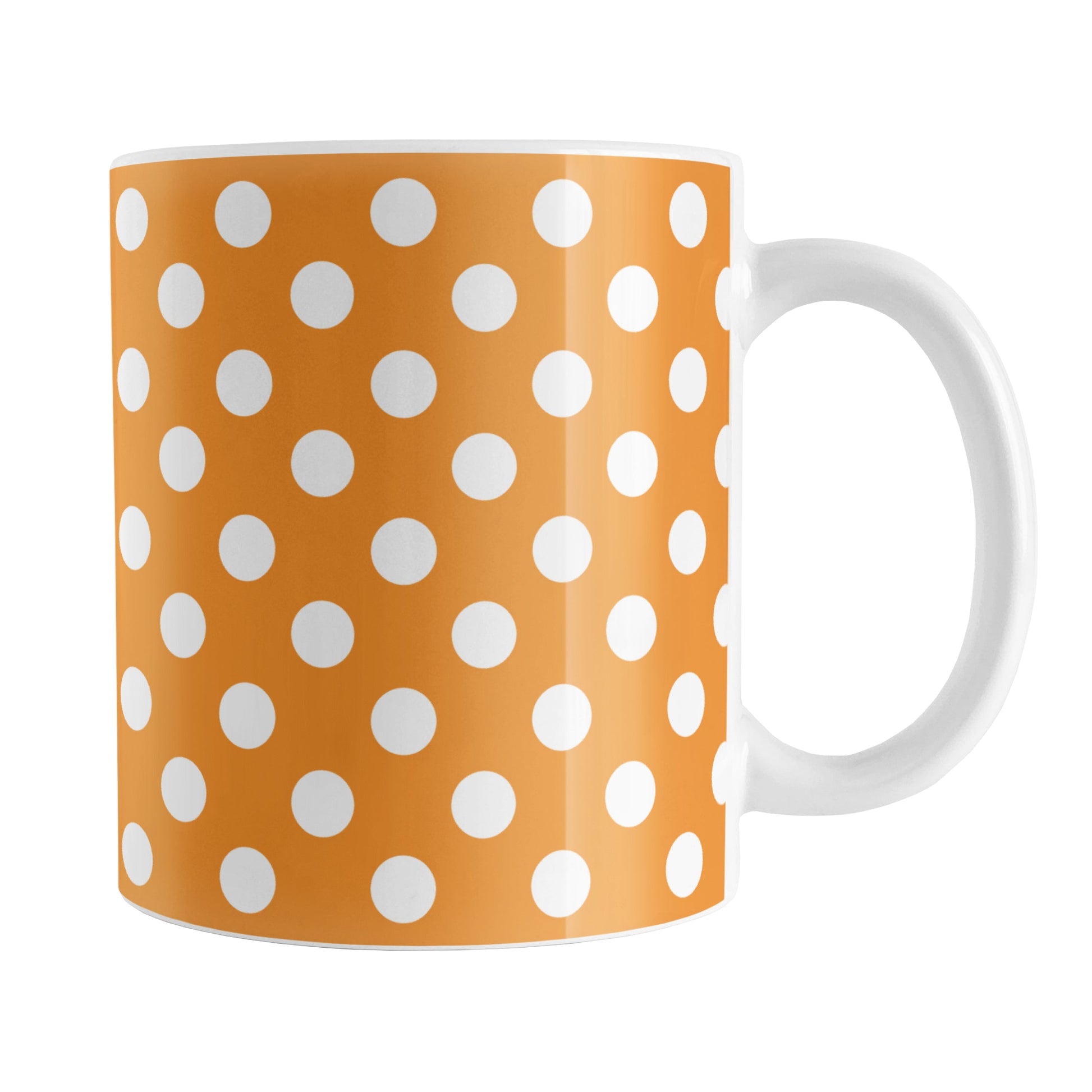 Orange Polka Dot Mug (11oz) at Amy's Coffee Mugs. A ceramic coffee mug designed with a pattern of white polka dots over an orange background color that wraps around the mug up to the handle.