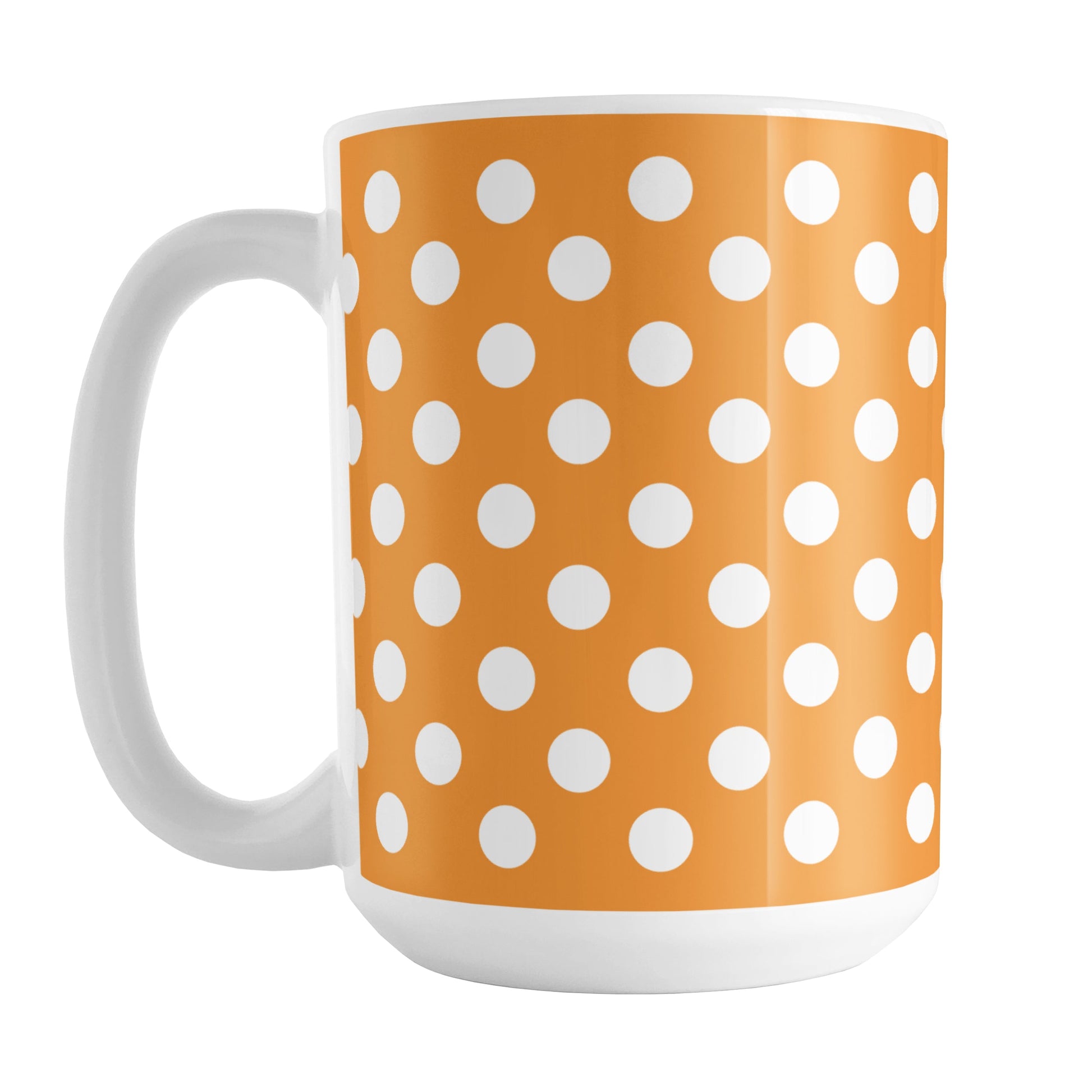 Orange Polka Dot Mug (15oz) at Amy's Coffee Mugs. A ceramic coffee mug designed with a pattern of white polka dots over an orange background color that wraps around the mug up to the handle.