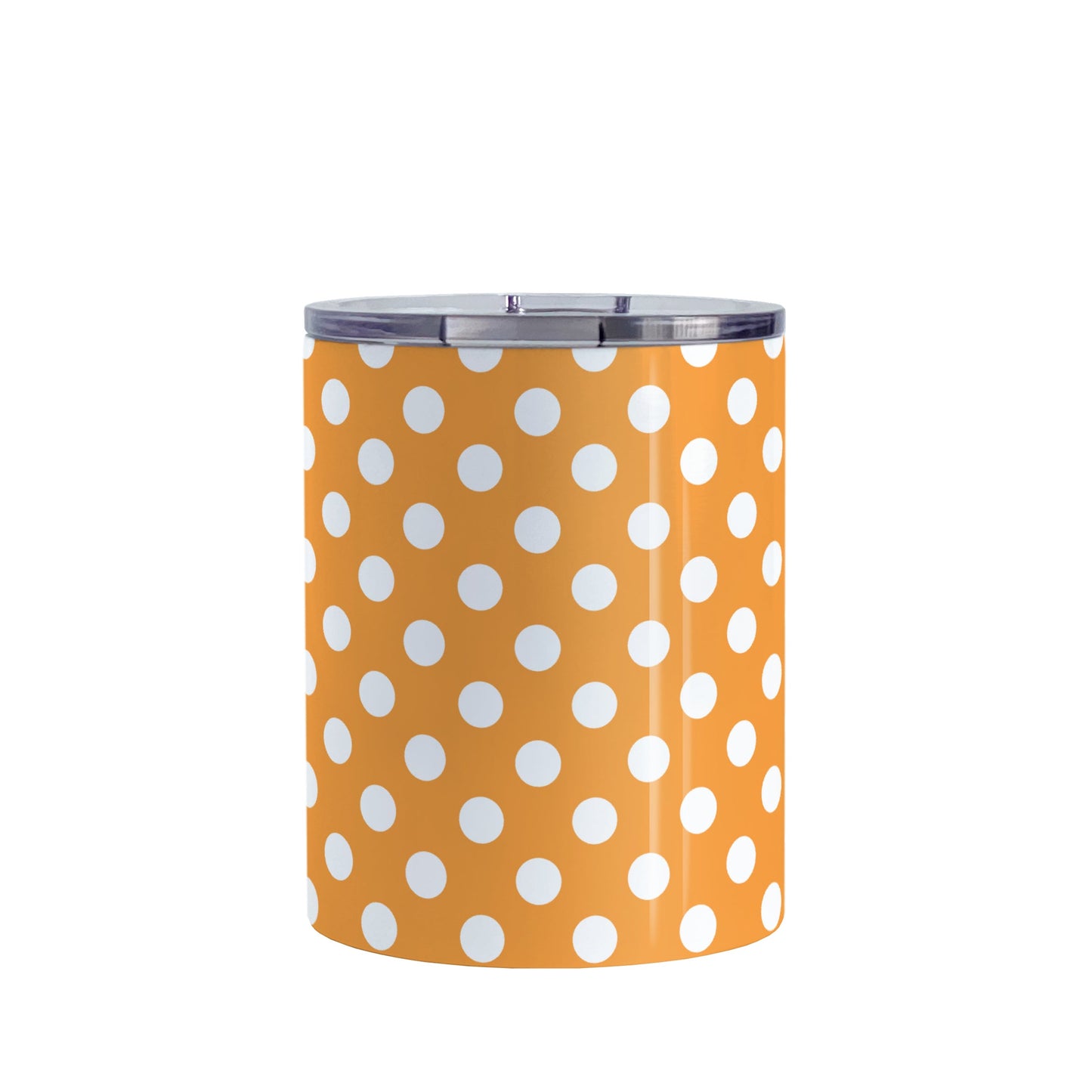 Orange Polka Dot Tumbler Cup (10oz, stainless steel insulated) at Amy's Coffee Mugs. A tumbler cup designed with a pattern of white polka dots over an orange background color that wraps around the cup.