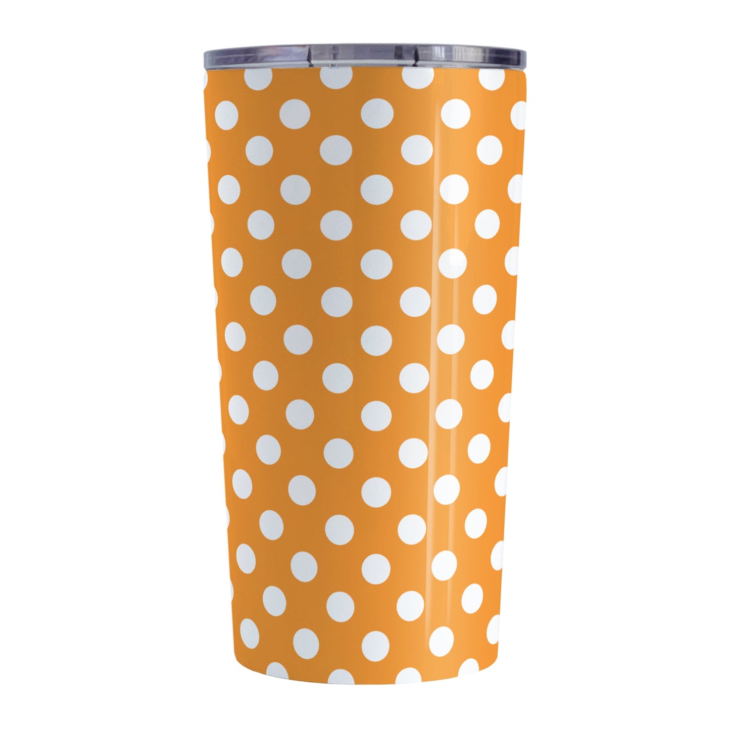 Orange Polka Dot Tumbler Cup (20oz, stainless steel insulated) at Amy's Coffee Mugs. A tumbler cup designed with a pattern of white polka dots over an orange background color that wraps around the cup.