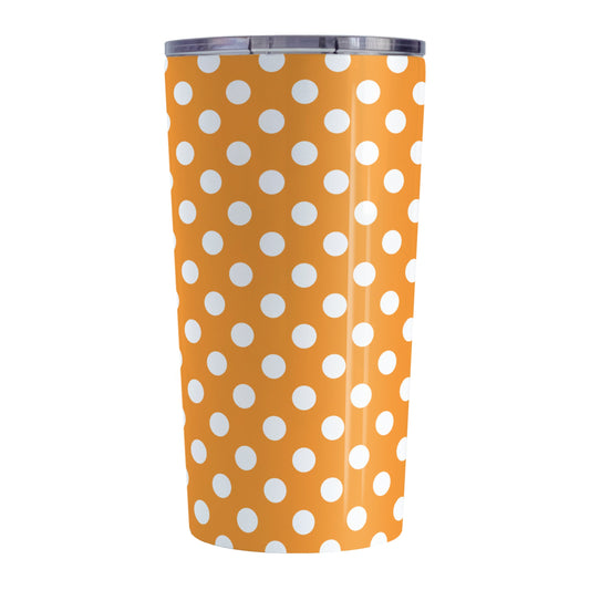 Orange Polka Dot Tumbler Cup (20oz, stainless steel insulated) at Amy's Coffee Mugs. A tumbler cup designed with a pattern of white polka dots over an orange background color that wraps around the cup.