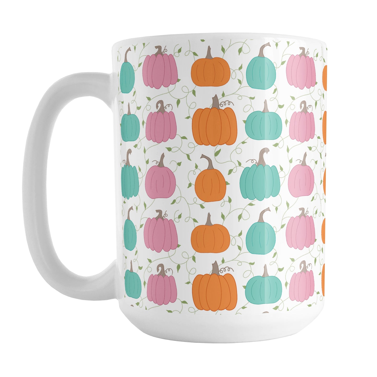 Orange Teal Pink Pumpkin Pattern Mug (15oz) at Amy's Coffee Mugs. A ceramic coffee mug designed with a pattern of orange, teal, and pink pumpkins over a green vine and leaves pattern on a white background that wraps around the mug up to the handle.