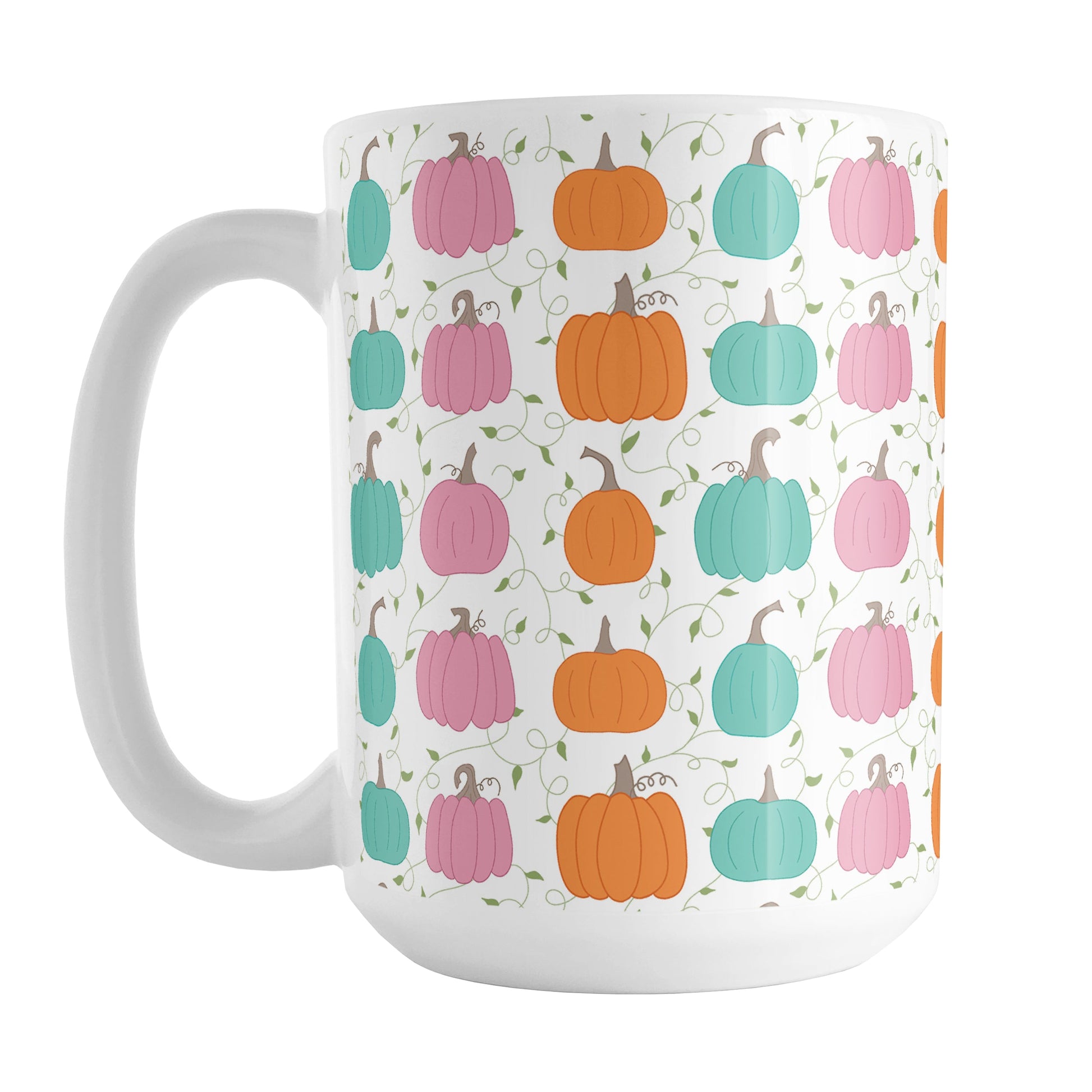 Orange Teal Pink Pumpkin Pattern Mug (15oz) at Amy's Coffee Mugs. A ceramic coffee mug designed with a pattern of orange, teal, and pink pumpkins over a green vine and leaves pattern on a white background that wraps around the mug up to the handle.