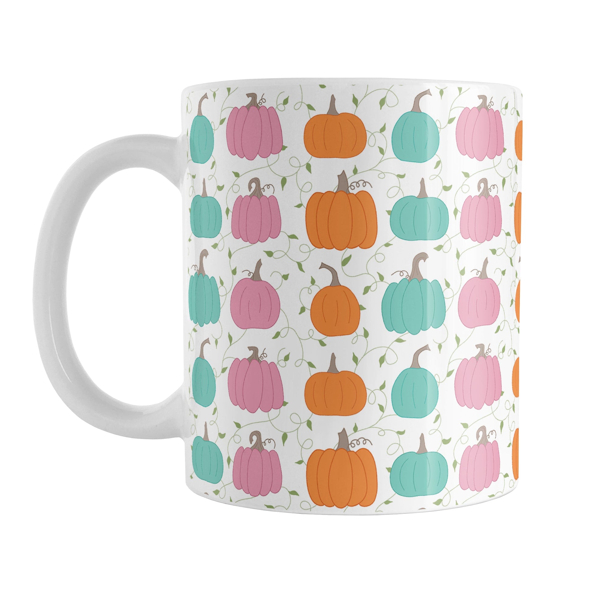 Orange Teal Pink Pumpkin Pattern Mug (11oz) at Amy's Coffee Mugs. A ceramic coffee mug designed with a pattern of orange, teal, and pink pumpkins over a green vine and leaves pattern on a white background that wraps around the mug up to the handle.