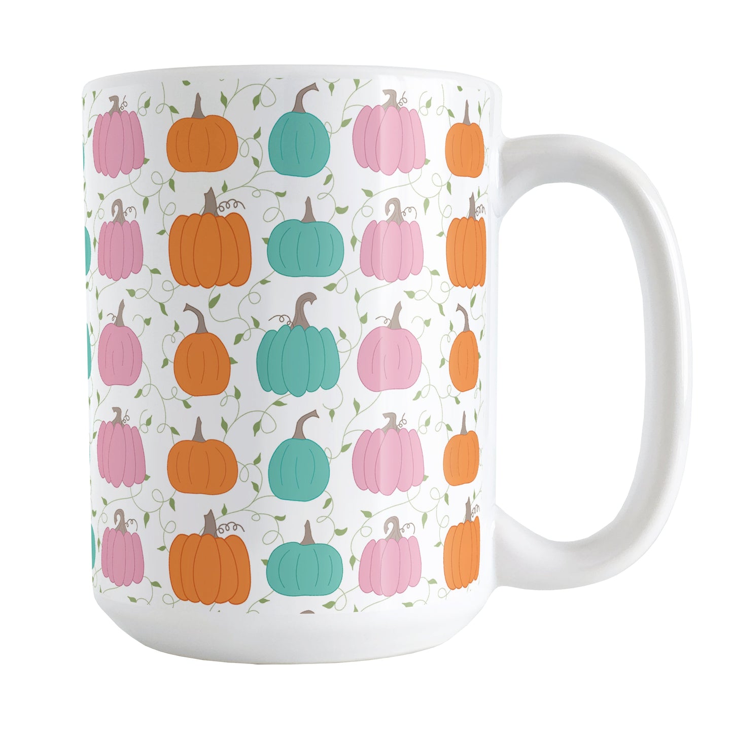 Orange Teal Pink Pumpkin Pattern Mug (15oz) at Amy's Coffee Mugs. A ceramic coffee mug designed with a pattern of orange, teal, and pink pumpkins over a green vine and leaves pattern on a white background that wraps around the mug up to the handle.