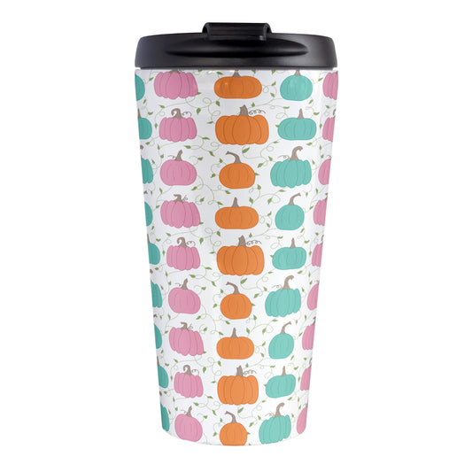 Orange Teal Pink Pumpkin Pattern Travel Mug (15oz, stainless steel insulated) at Amy's Coffee Mugs. A travel mug designed with a pattern of orange, teal, and pink pumpkins over a green vine and leaves pattern on a white background that wraps around the mug.
