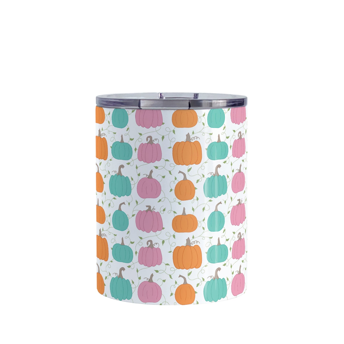 Orange Teal Pink Pumpkin Pattern Tumbler Cup (10oz, stainless steel insulated) at Amy's Coffee Mugs. A tumbler cup designed with orange, teal, and pink pumpkins over a delicate green vine and leaves in a pattern that wraps around the cup.