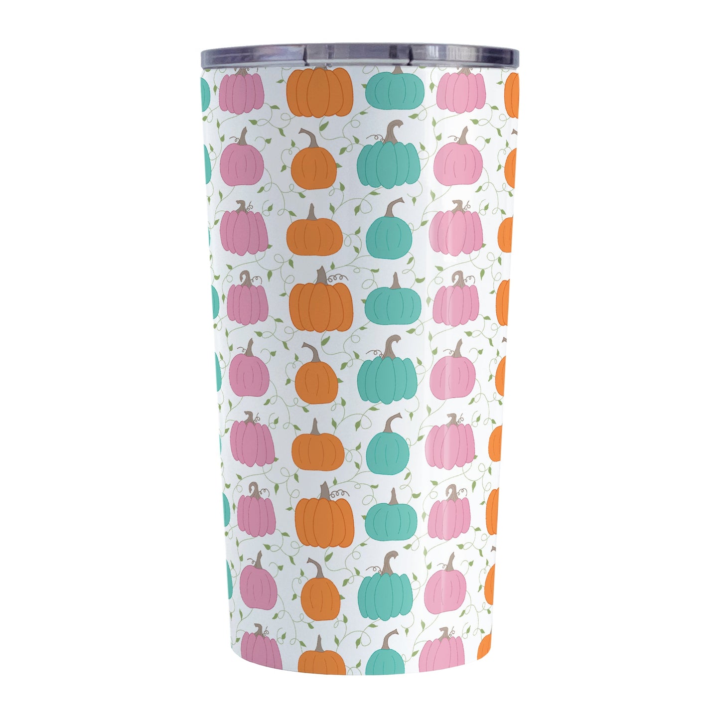 Orange Teal Pink Pumpkin Pattern Tumbler Cup (20oz, stainless steel insulated) at Amy's Coffee Mugs. A tumbler cup designed with orange, teal, and pink pumpkins over a delicate green vine and leaves in a pattern that wraps around the cup.