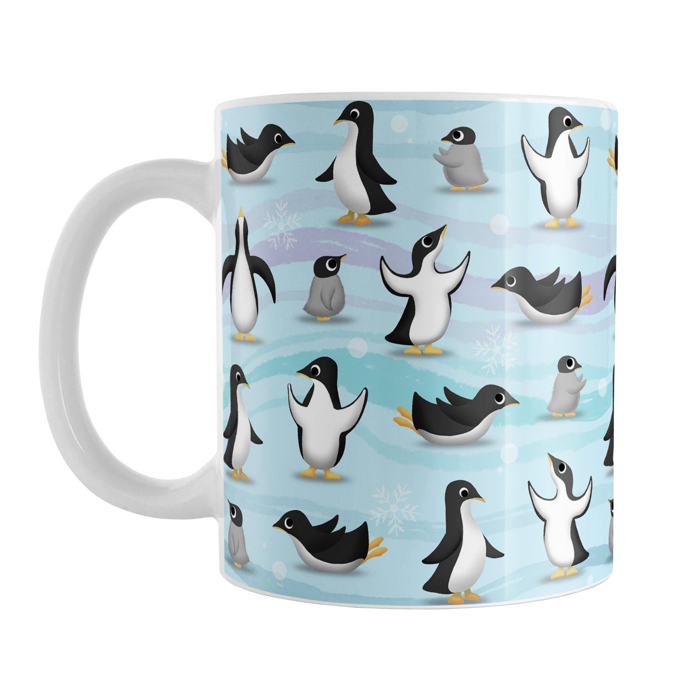 Penguin Parade Pattern Mug (11oz) at Amy's Coffee Mugs. Penguin Parade Pattern Mug (11oz) at Amy's Coffee Mugs. A ceramic coffee mug designed with a fun penguin parade pattern featuring a variety of penguins and baby penguins over an Antarctic background with waves of blue, turquoise, and purple colors with hints of snowflakes that wraps around the mug.