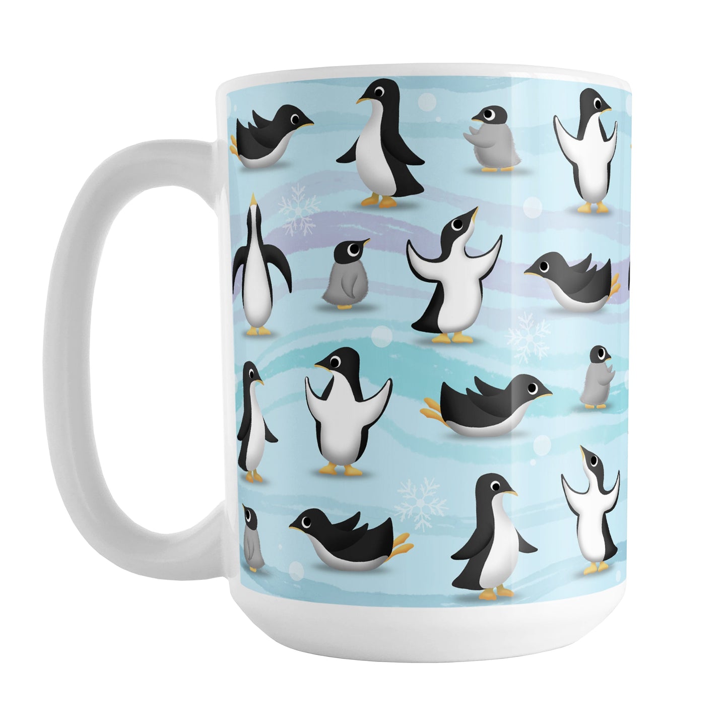 Penguin Parade Pattern Mug (15oz) at Amy's Coffee Mugs. Penguin Parade Pattern Mug (11oz) at Amy's Coffee Mugs. A ceramic coffee mug designed with a fun penguin parade pattern featuring a variety of penguins and baby penguins over an Antarctic background with waves of blue, turquoise, and purple colors with hints of snowflakes that wraps around the mug.