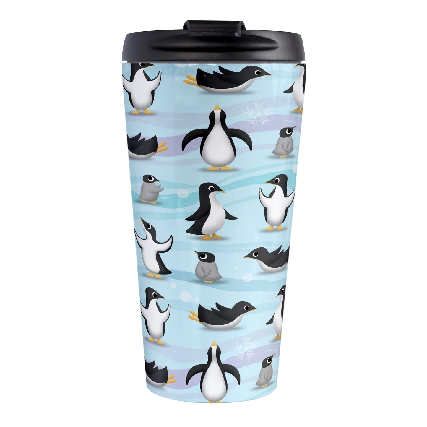 Penguin Parade Pattern Travel Mug (15oz, stainless steel insulated) at Amy's Coffee Mugs. A travel mug designed with a fun penguin parade pattern featuring a variety of penguins and baby penguins over an Antarctic background with waves of blue, turquoise, and purple colors with hints of snowflakes that wraps around the mug.