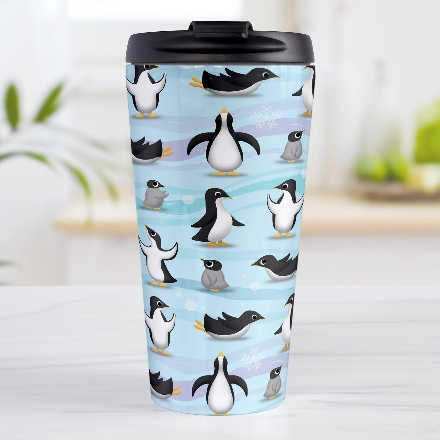 Penguin Parade Pattern Travel Mug (15oz, stainless steel insulated) at Amy's Coffee Mugs. A travel mug designed with a fun penguin parade pattern featuring a variety of penguins and baby penguins over an Antarctic background with waves of blue, turquoise, and purple colors with hints of snowflakes that wraps around the mug.