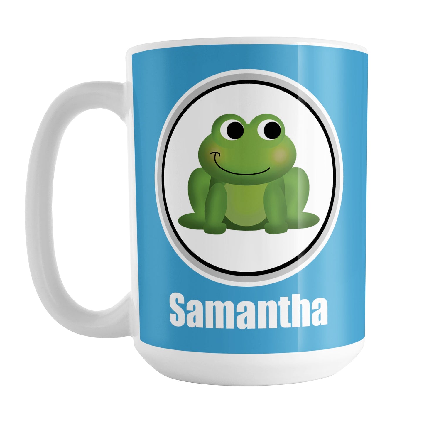 Personalized Adorable Blue Frog Mug (15oz) at Amy's Coffee Mugs. A ceramic coffee mug designed with a cute and happy green frog in a white circle on both sides of the mug over a blue background color that wraps around the mug up to the handle. Your name is custom-printed in white below the adorable frog.
