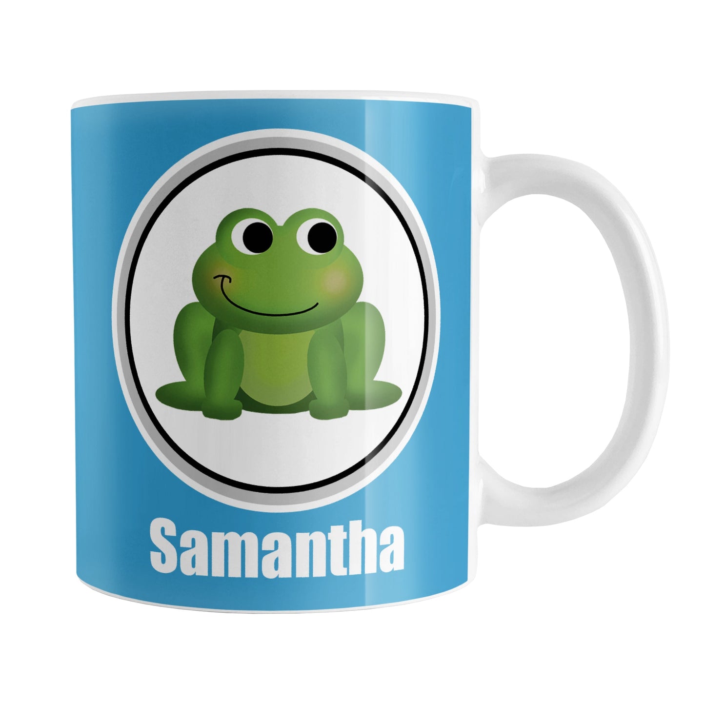 Personalized Adorable Blue Frog Mug (11oz) at Amy's Coffee Mugs. A ceramic coffee mug designed with a cute and happy green frog in a white circle on both sides of the mug over a blue background color that wraps around the mug up to the handle. Your name is custom-printed in white below the adorable frog.