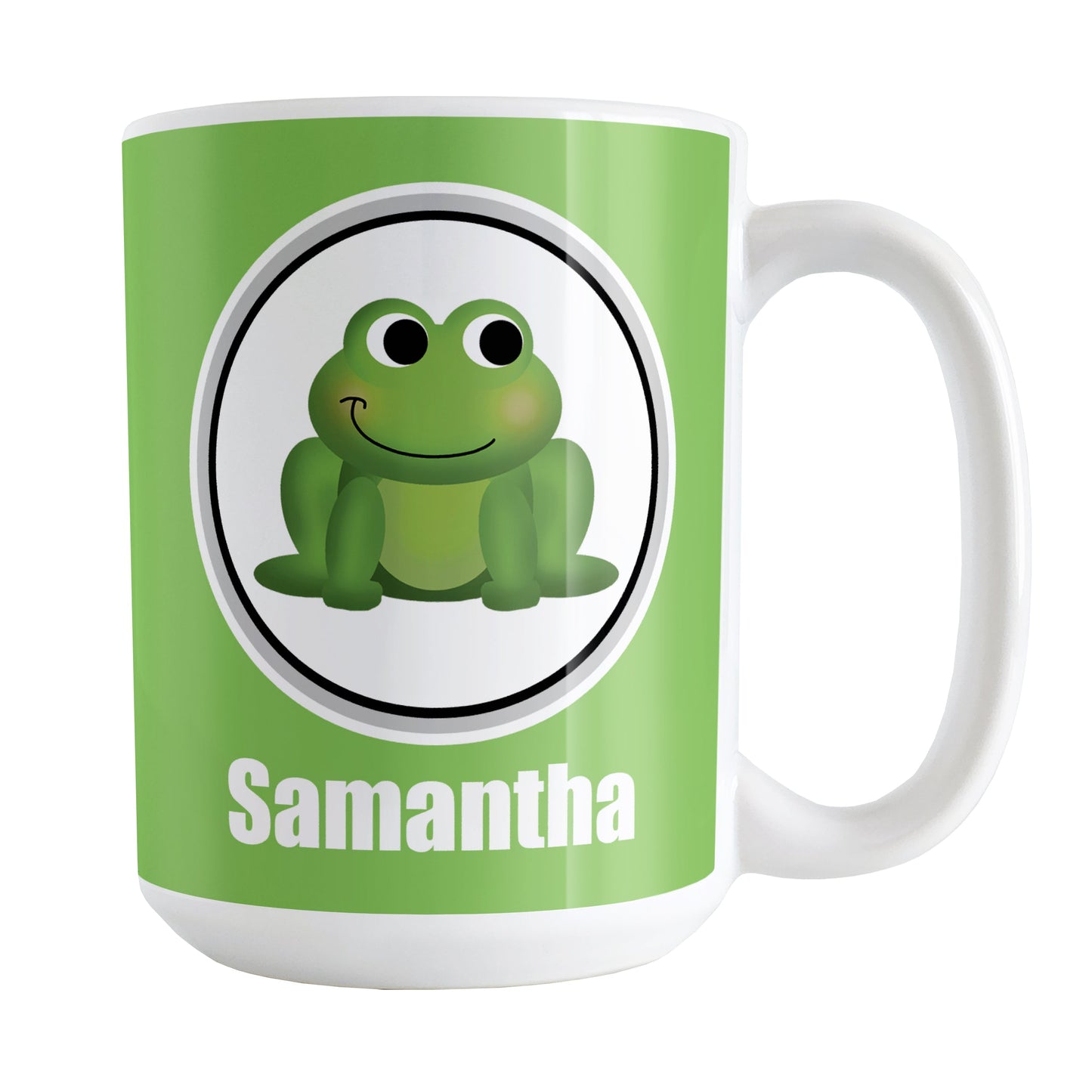Personalized Adorable Green Frog Mug (15oz) at Amy's Coffee Mugs. A ceramic coffee mug designed with a cute and happy green frog in a white circle on both sides of the mug over a green background color that wraps around the mug up to the handle. Your name is custom-printed in white below the adorable frog.