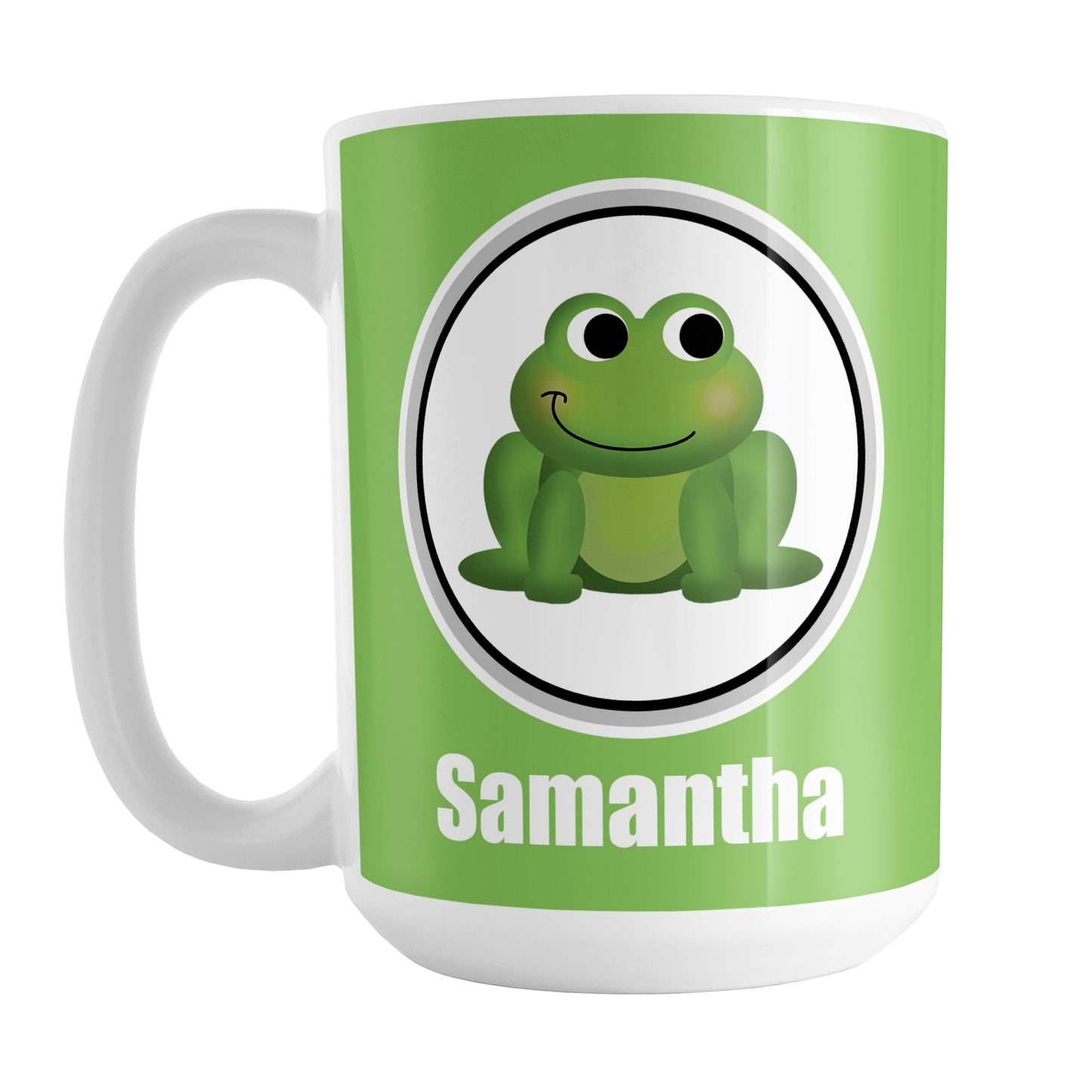 Personalized Adorable Green Frog Mug (15oz) at Amy's Coffee Mugs. A ceramic coffee mug designed with a cute and happy green frog in a white circle on both sides of the mug over a green background color that wraps around the mug up to the handle. Your name is custom-printed in white below the adorable frog.