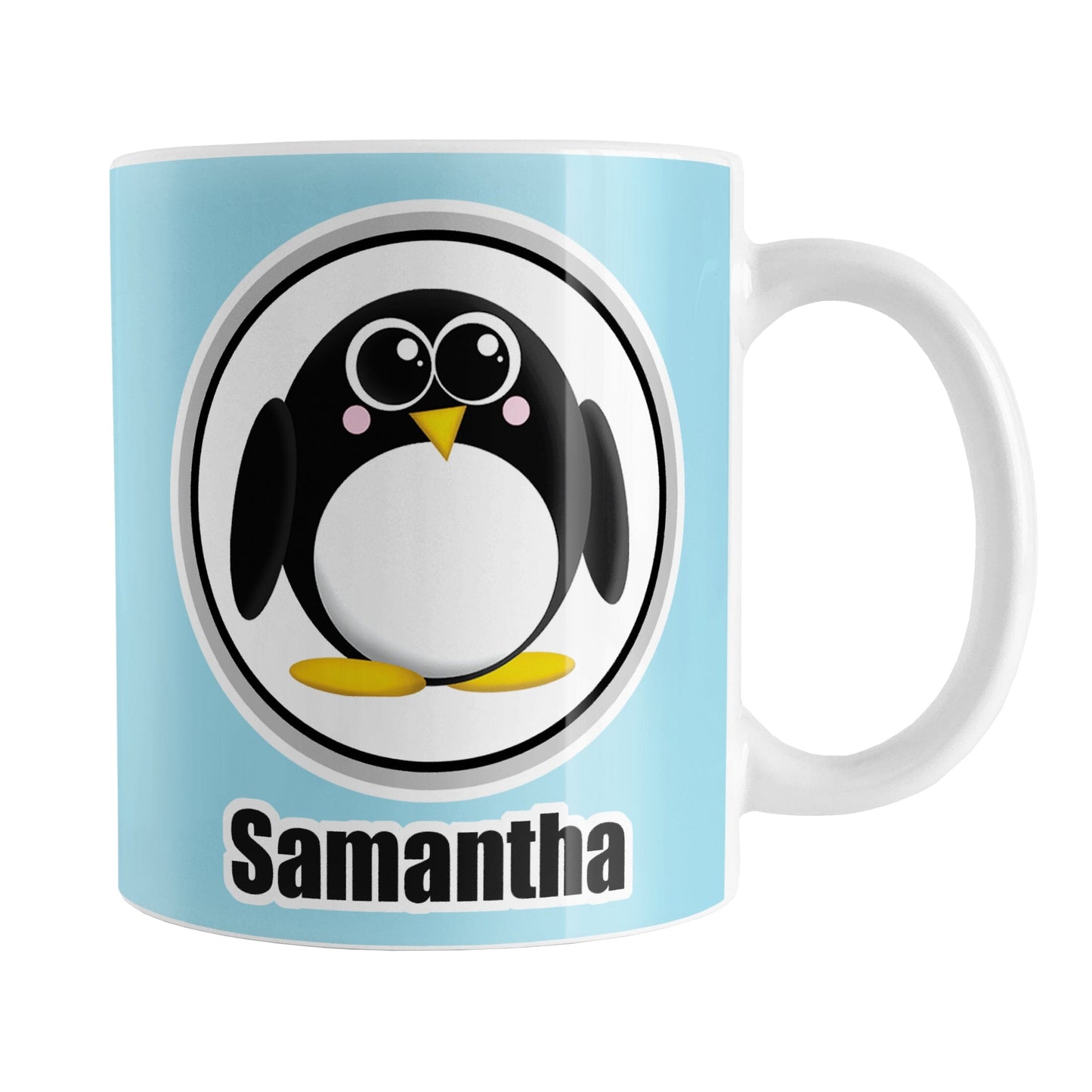 Personalized Adorable Light Blue Penguin Mug (11oz) at Amy's Coffee Mugs. A ceramic coffee mug designed with an adorable rounded penguin in a white circle over a light blue background that wraps around the mug to the handle. Your name is personalized in black below the penguin, on both sides of the mug.