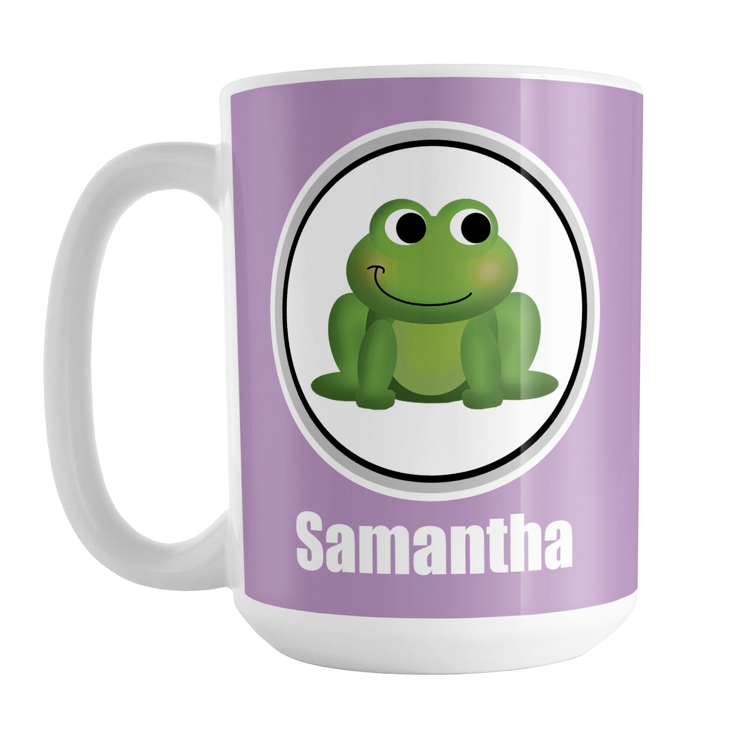 Personalized Adorable Purple Frog Mug (15oz) at Amy's Coffee Mugs. A ceramic coffee mug designed with a cute and happy green frog in a white circle on both sides of the mug over a purple background color that wraps around the mug up to the handle. Your name is custom-printed in white below the adorable frog.