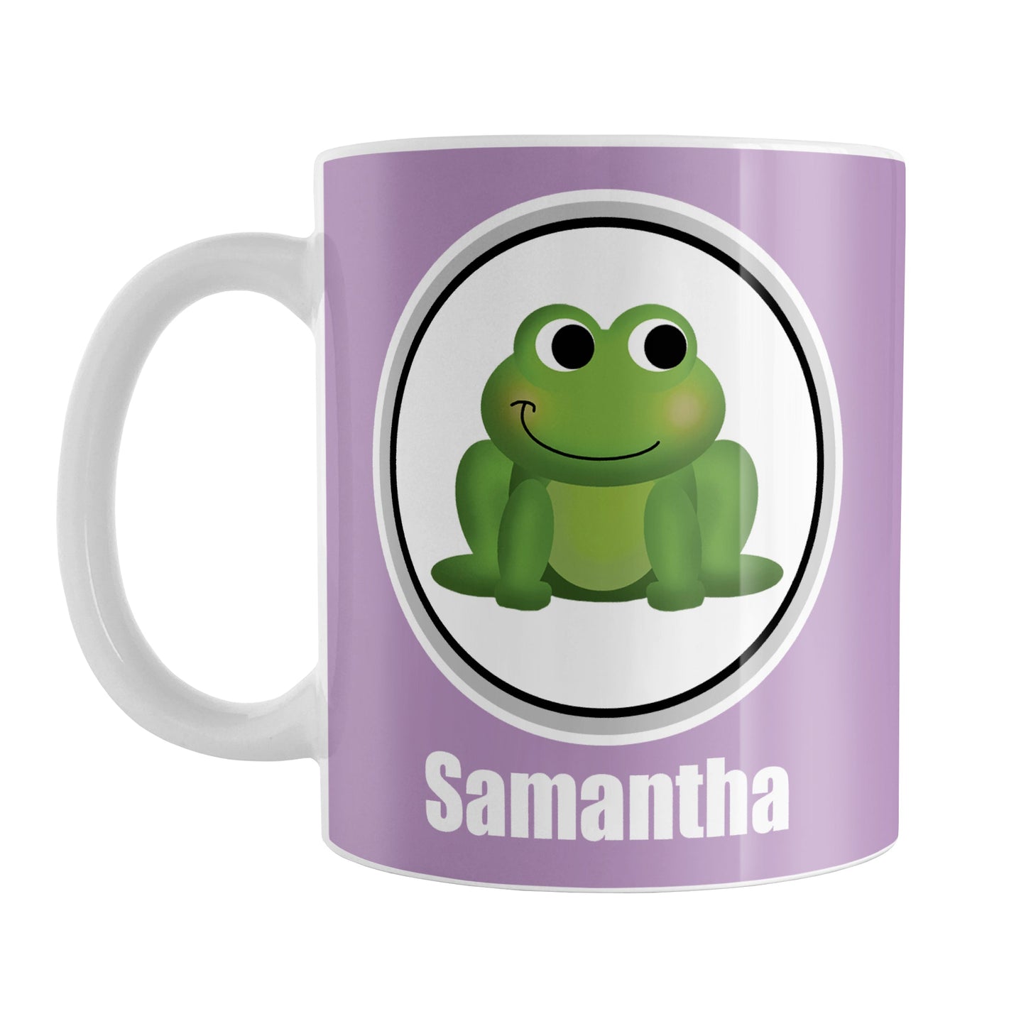 Personalized Adorable Purple Frog Mug (11oz) at Amy's Coffee Mugs. A ceramic coffee mug designed with a cute and happy green frog in a white circle on both sides of the mug over a purple background color that wraps around the mug up to the handle. Your name is custom-printed in white below the adorable frog.