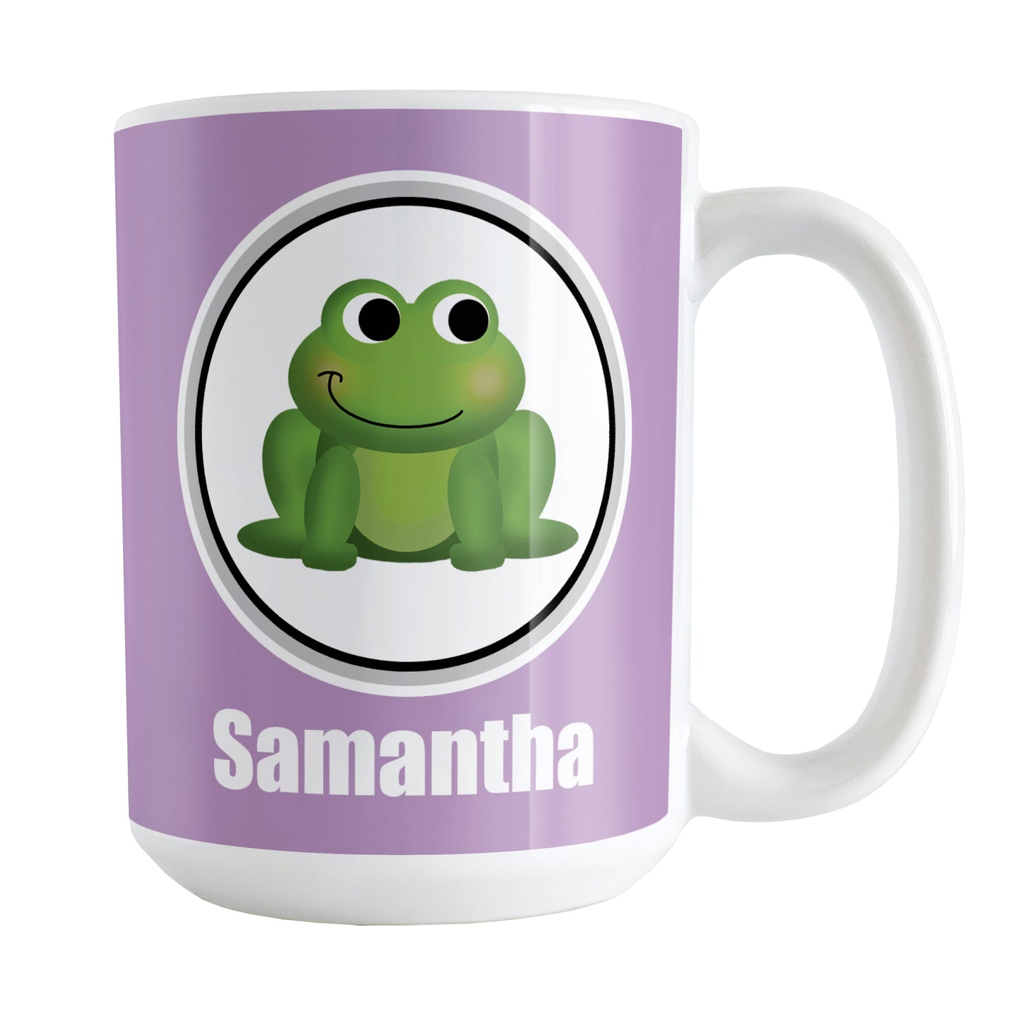 Personalized Adorable Purple Frog Mug (15oz) at Amy's Coffee Mugs. A ceramic coffee mug designed with a cute and happy green frog in a white circle on both sides of the mug over a purple background color that wraps around the mug up to the handle. Your name is custom-printed in white below the adorable frog.