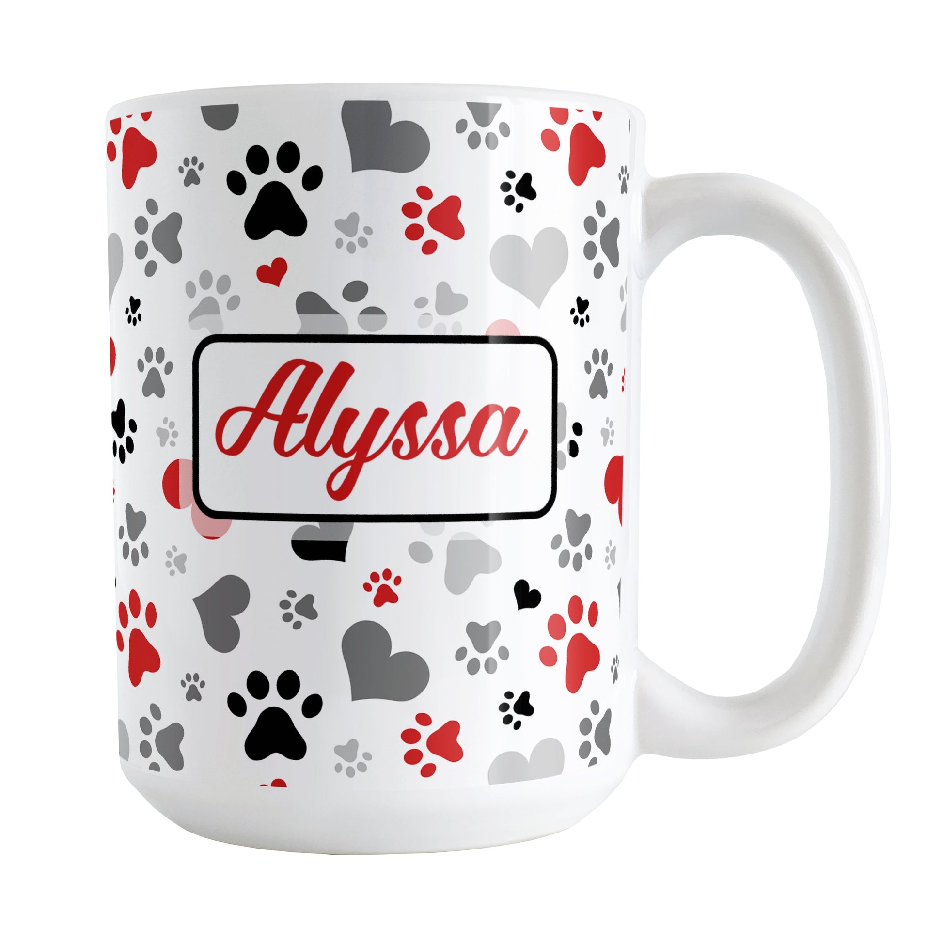 Personalized Black and Red Hearts and Paw Prints Mug (15oz) at Amy's Coffee Mugs. A ceramic coffee mug designed with a pattern of hearts and paw prints in red, black, and gray that wraps around the mug to the handle. Your name is custom printed in a red script font in a white rectangle on both sides of the mug over the paw prints pattern.