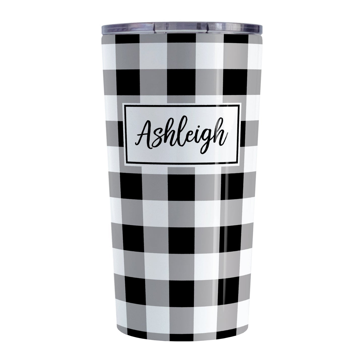 Personalized Black and White Buffalo Plaid Tumbler Cup (20oz, stainless steel insulated) at Amy's Coffee Mugs. A tumbler cup designed with a black and white buffalo plaid (buffalo check) pattern that wraps around the cup. Your name is printed in a black script font in a white frame design over the buffalo plaid background.