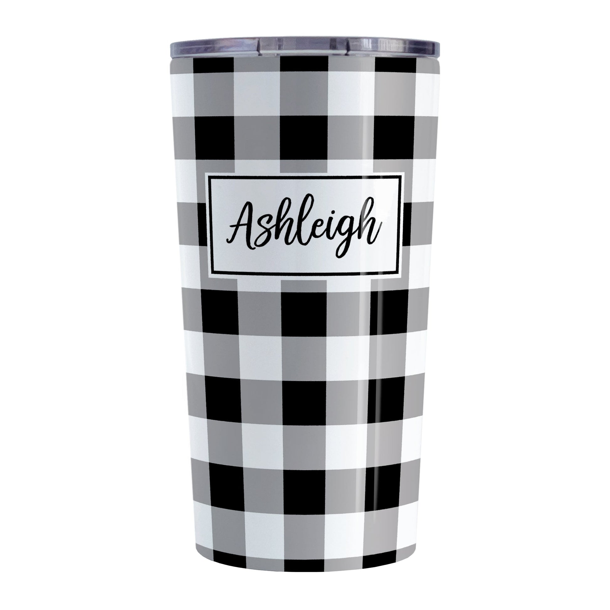 Personalized Black and White Buffalo Plaid Tumbler Cup (20oz, stainless steel insulated) at Amy's Coffee Mugs. A tumbler cup designed with a black and white buffalo plaid (buffalo check) pattern that wraps around the cup. Your name is printed in a black script font  in a white frame design over the buffalo plaid background.