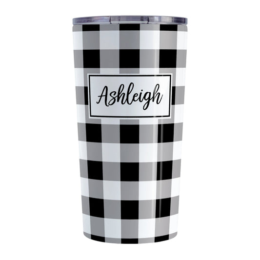 Personalized Black and White Buffalo Plaid Tumbler Cup (20oz, stainless steel insulated) at Amy's Coffee Mugs. A tumbler cup designed with a black and white buffalo plaid (buffalo check) pattern that wraps around the cup. Your name is printed in a black script font in a white frame design over the buffalo plaid background.