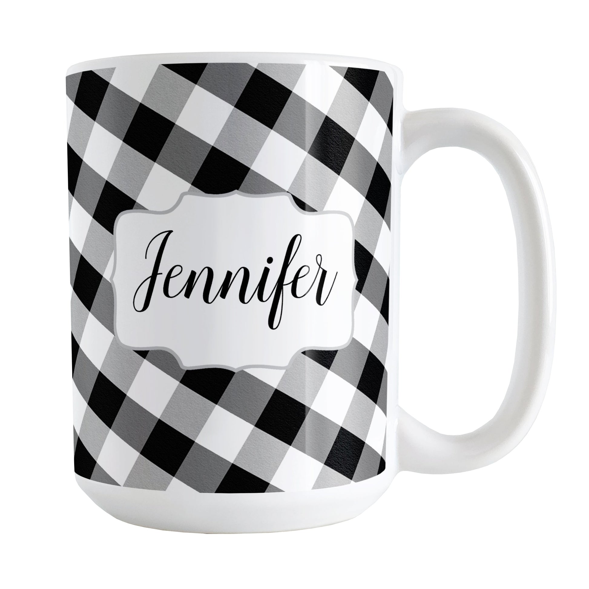 Personalized Black and White Gingham Mug (15oz) at Amy's Coffee Mugs. A ceramic coffee mug designed with a slanted black and white gingham pattern that wraps around the mug to the handle. Your name is printed in a pretty black script font in a white frame design on both sides of the mug over the gingham pattern.