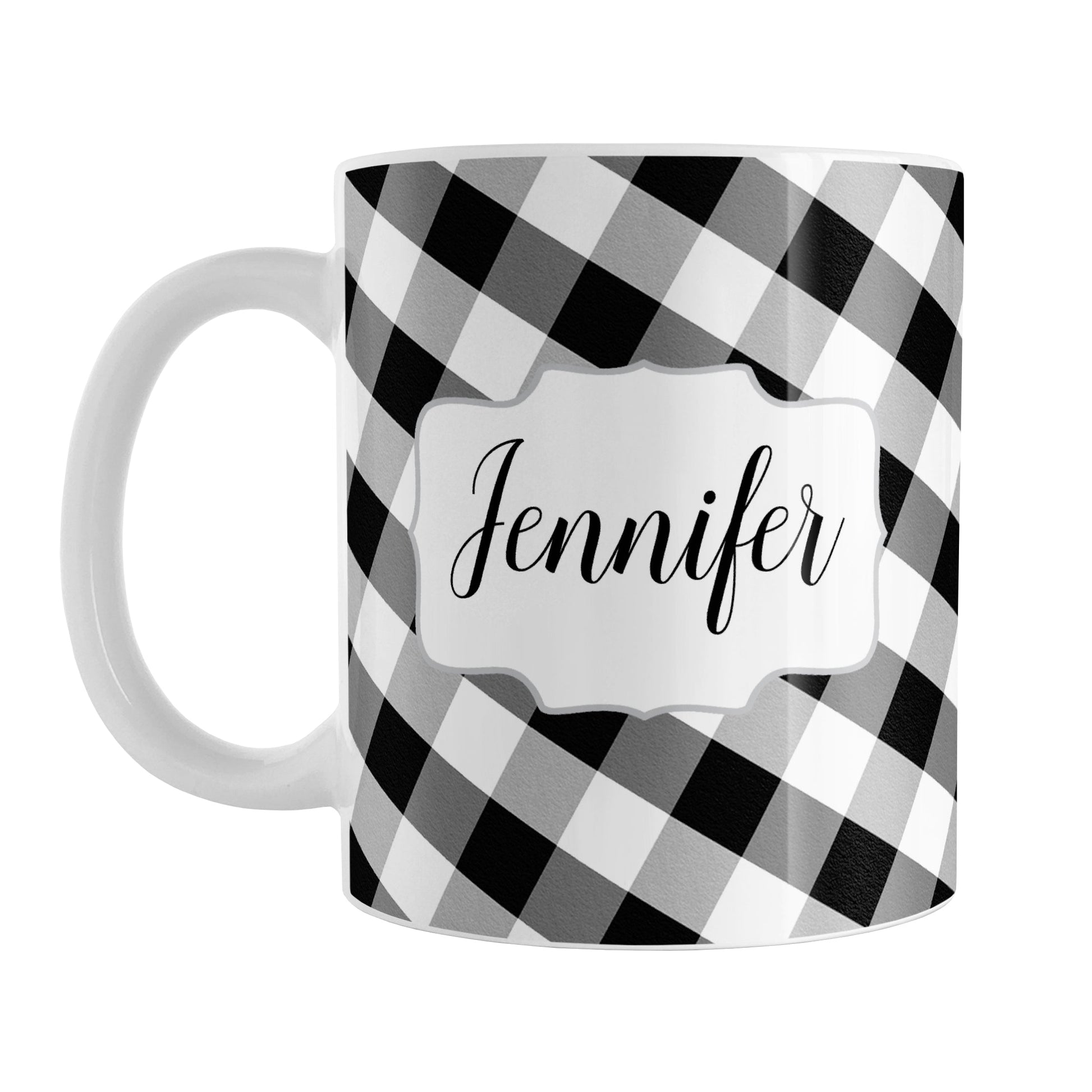 Personalized Black and White Gingham Mug (11oz) at Amy's Coffee Mugs. A ceramic coffee mug designed with a slanted black and white gingham pattern that wraps around the mug to the handle. Your name is printed in a pretty black script font in a white frame design on both sides of the mug over the gingham pattern.