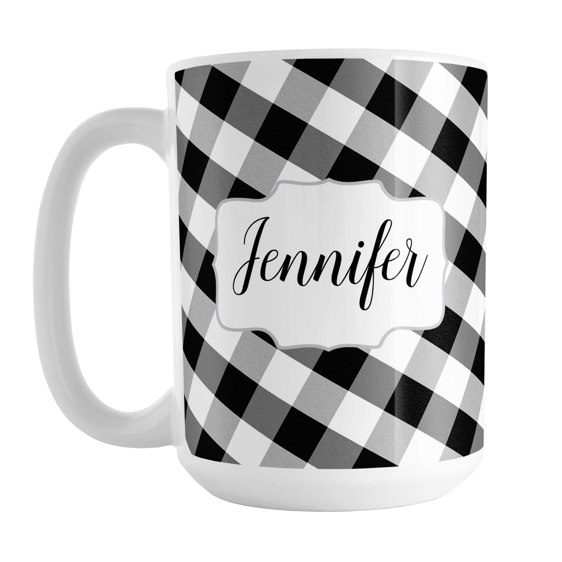 Personalized Black and White Gingham Mug (15oz) at Amy's Coffee Mugs. A ceramic coffee mug designed with a slanted black and white gingham pattern that wraps around the mug to the handle. Your name is printed in a pretty black script font in a white frame design on both sides of the mug over the gingham pattern.