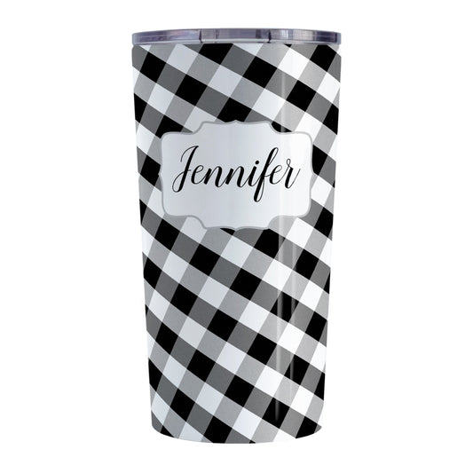Personalized Black and White Gingham Tumbler Cup (20oz, stainless steel insulated) at Amy's Coffee Mugs. A tumbler cup designed with a slanted black and white gingham pattern that wraps around the cup. Your name is printed in a pretty black script font in a white frame design over the gingham pattern.