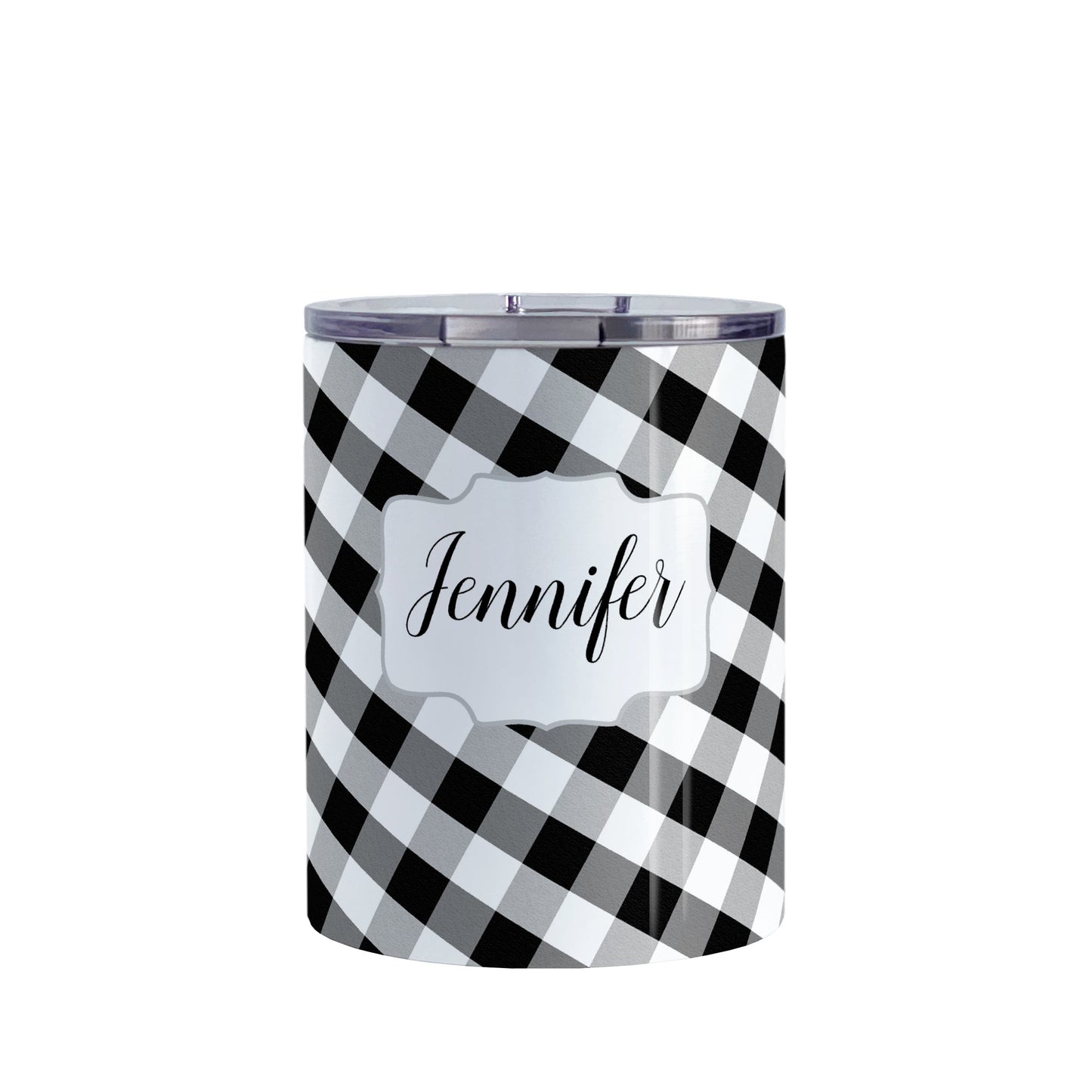 Personalized Black and White Gingham Tumbler Cup (10oz, stainless steel insulated) at Amy's Coffee Mugs. A tumbler cup designed with a slanted black and white gingham pattern that wraps around the cup. Your name is printed in a pretty black script font in a white frame design over the gingham pattern.