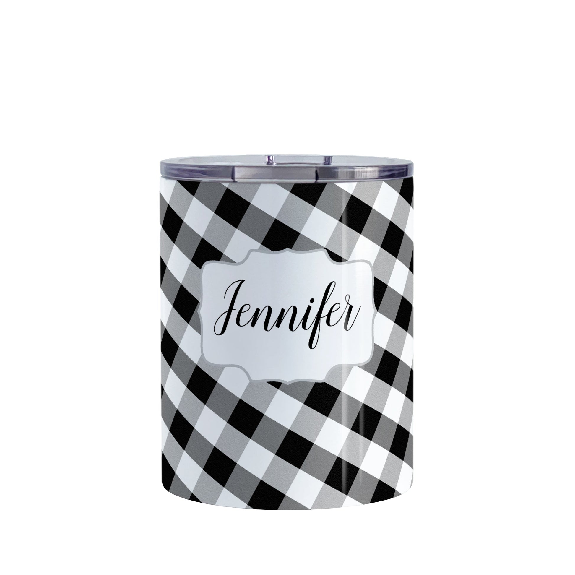 Personalized Black and White Gingham Tumbler Cup (10oz, stainless steel insulated) at Amy's Coffee Mugs. A tumbler cup designed with a slanted black and white gingham pattern that wraps around the cup. Your name is printed in a pretty black script font in a white frame design over the gingham pattern.