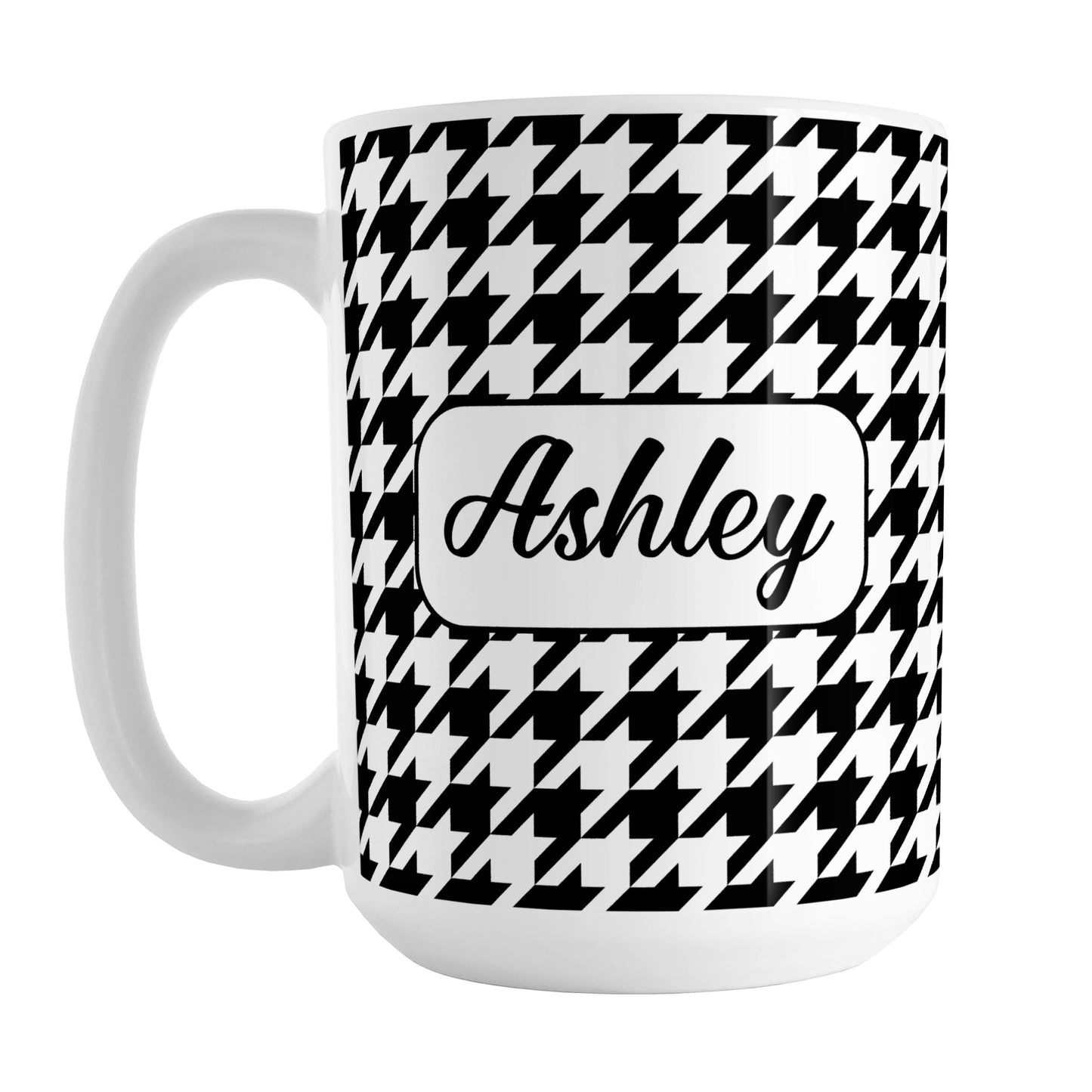 Personalized Black and White Houndstooth Mug (15oz) at Amy's Coffee Mugs. A ceramic coffee mug designed with a black and white houndstooth pattern that wraps around the mug to the handle. Your name is printed in a pretty black script font in a white frame design on both sides of the mug over the houndstooth pattern.