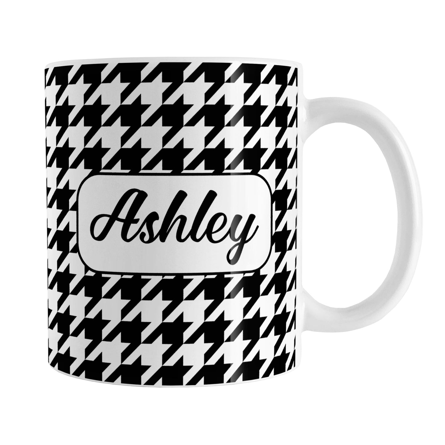 Personalized Black and White Houndstooth Mug (11oz) at Amy's Coffee Mugs. A ceramic coffee mug designed with a black and white houndstooth pattern that wraps around the mug to the handle. Your name is printed in a pretty black script font in a white frame design on both sides of the mug over the houndstooth pattern.
